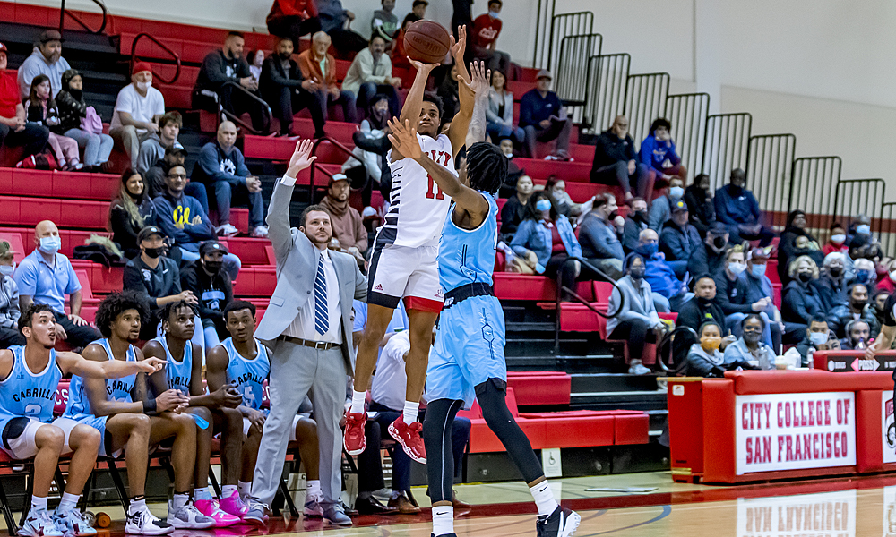 Jamir Thomas sinks one of his five 3-pointers on the night in CCSF's playoff win over Cabrillo. (Photo by Eric Sun)