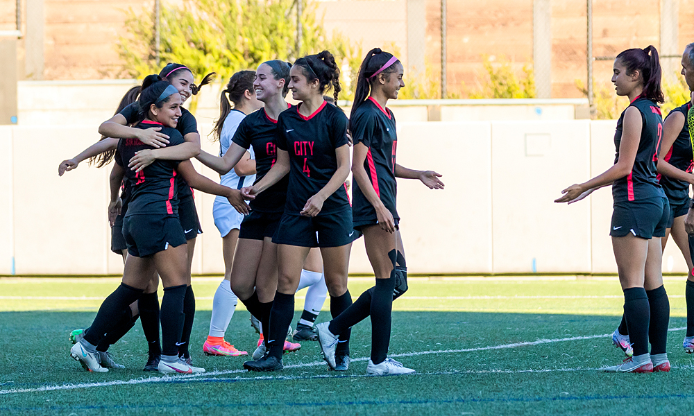 The Rams celebrate following one of Leslie Murillo's three goals against Santa Rosa on Saturday. (Photo by Eric Sun)