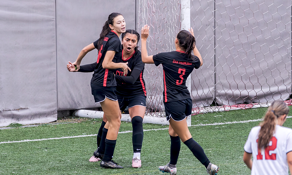 Paige Pineda Aliamus celebrates after scoring the Rams' opening goal in the 2-0 playoff win over Skyline. (Photo by Eric Sun)